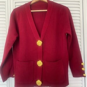Red Button-Front Cardigan Sweater with Gold Accents